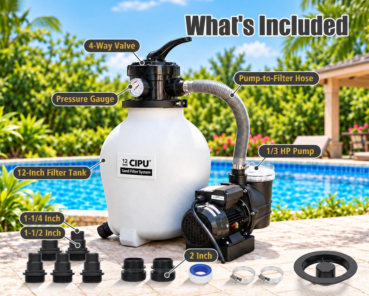CIPU 12 Inch Sand Filter Pump System for Above Ground Pools, 1/3 HP 115V image 2