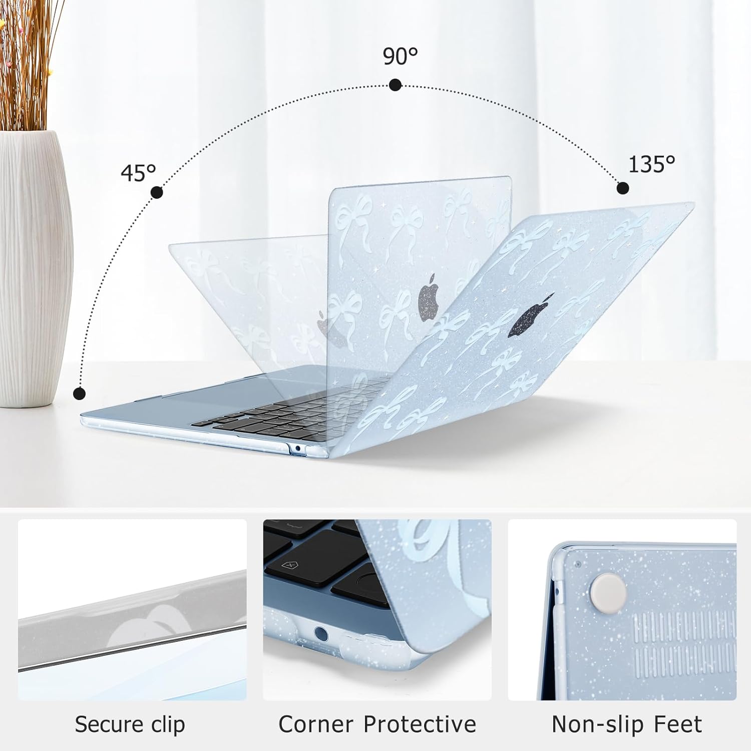 MOSISO Compatible with MacBook Air 13 inch Case M5 2026 M4 2025 M3 M2 2024-2022 A3449 A3240 A3113 A2681, 3 in 1 Kit Ribbons Bows Sparkly Plastic Hard Shell Case for MacBook Air 13.6 inch Case, Blue