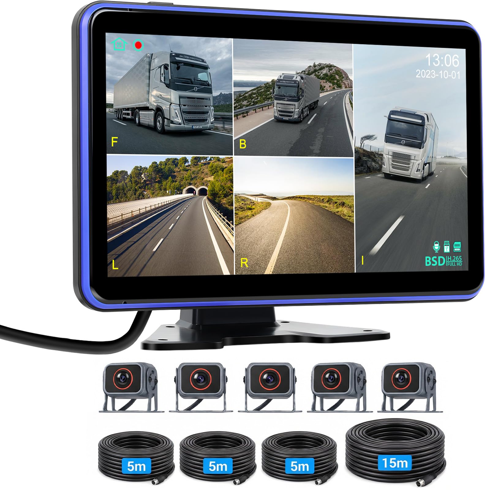 Kit de 5 Rear View Camera, Monitor IPS HD de 10.1" con Impermeable IP68, Visión Nocturna, BSD, Grabación en Bucle, DVR, USB, Cámara de Marcha Atrás para Camión/RV/Remolque/Autobús/Van 12V-36V