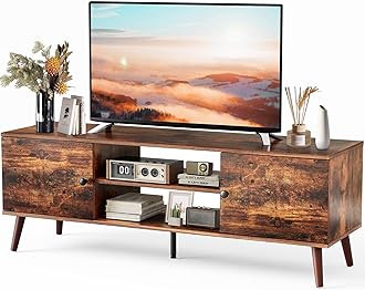 Sweetcrispy TV Stand for 55 60 inch TV, Modern Mid Century Entertainment Center with Storage, Media Console Table 2 Cabinet, Soft Hinge, Handle Door, Wooden Living Room, Office Furniture, Rustic Brown
