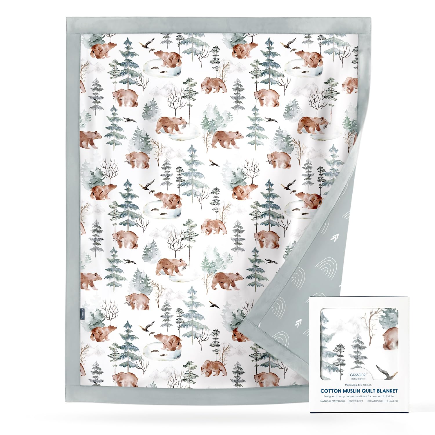 GRSSDER Cotton Muslin Quilt Blanket - Silky Soft and Breathable Baby Blanket Quilt, Oversized Muslin Blankets for Newborns, Toddlers &amp; Kids, 6 Layers Reversible Design for All Seasons, 40" x 50"