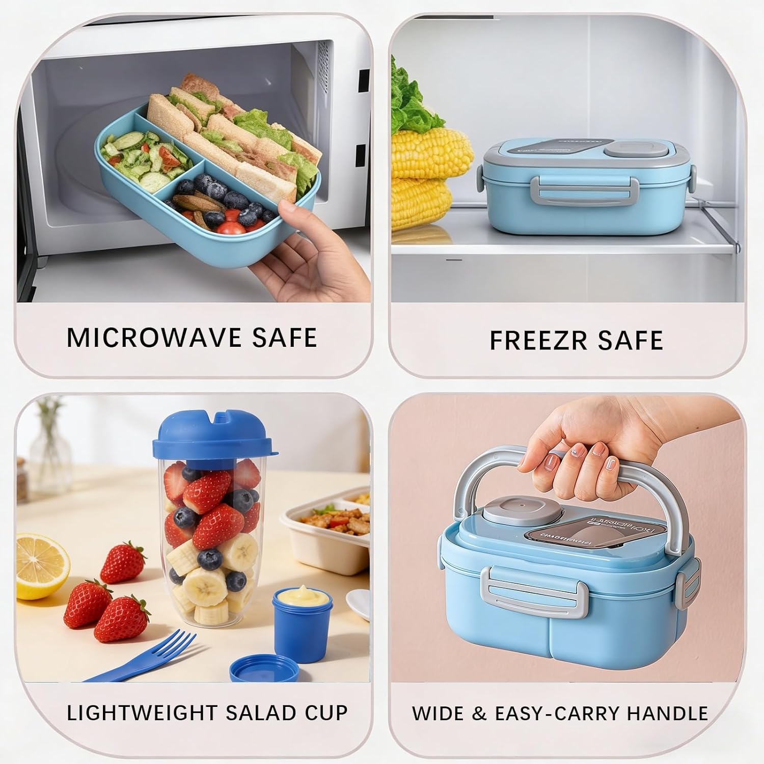 Adult Bento Lunch Box Set with Thermo Bag - Modern Minimalist Design, Leak-Proof Lunchbox with Built-in Utensil & Sauce Container, Blue Salad Cup for Work & Dining Out