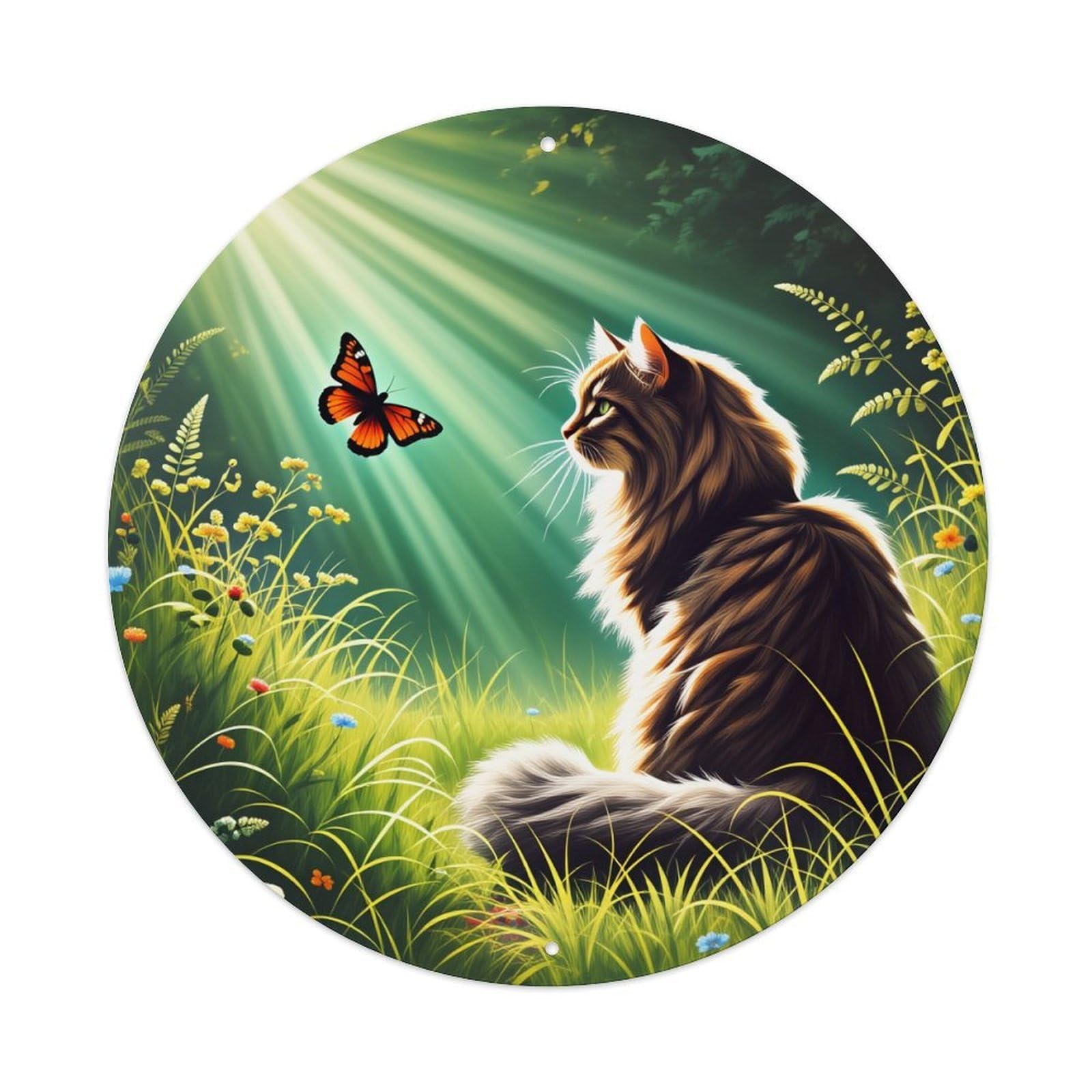 Cat Butterfly Sunlight Grass Flowers Round Tin Sign Vintage Style Metal Sign Home Bar Garden Wall Plaque Decor Metal Poster 8x8 Inch