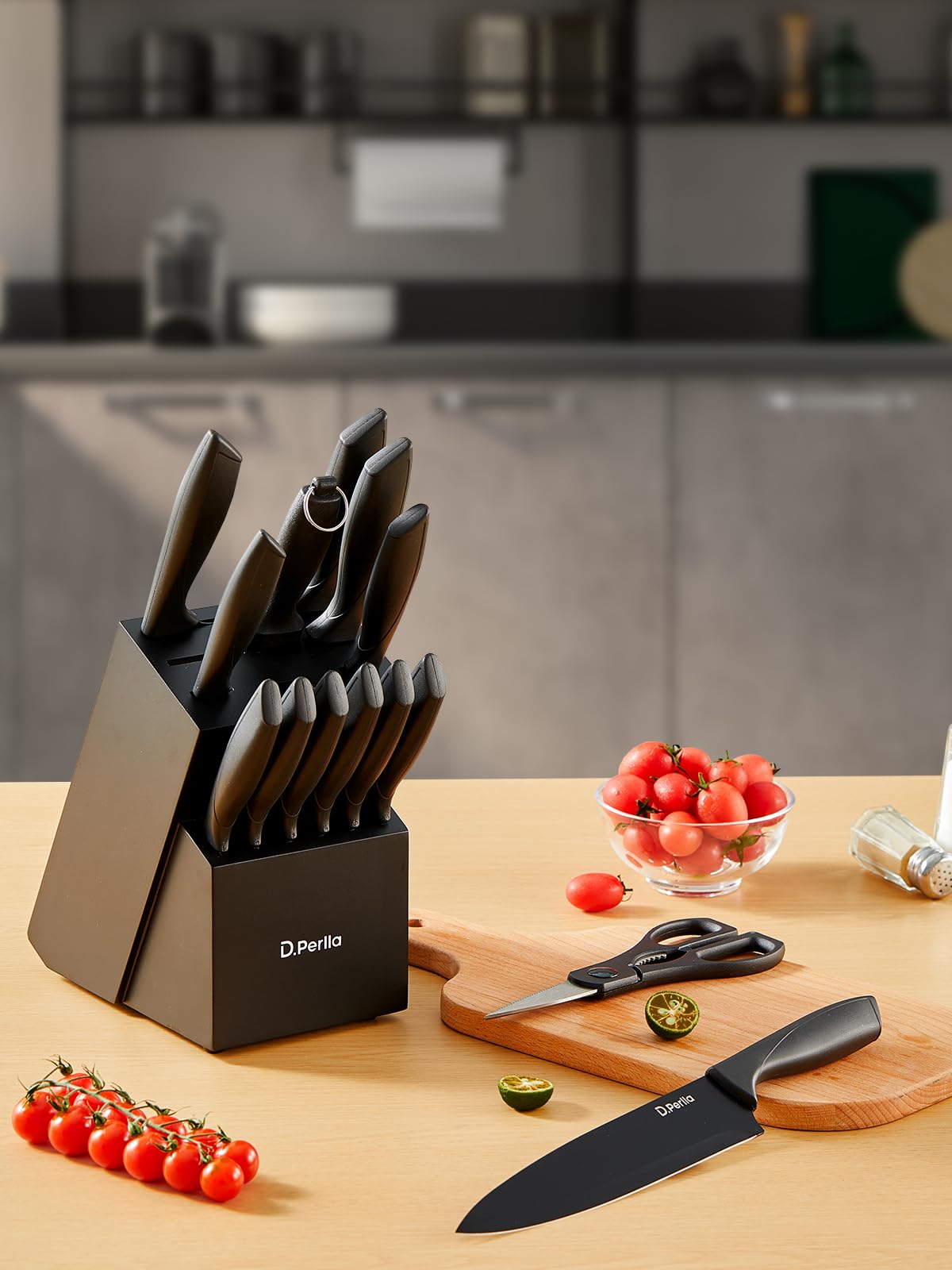 D.Perlla Couteau Cuisine, 15 Pièces Bloc Couteaux Cuisine en Acier Inoxydable, Ensemble de Couteaux Professionnels avec Bloc Couteaux en Bois, Super Aiguisé