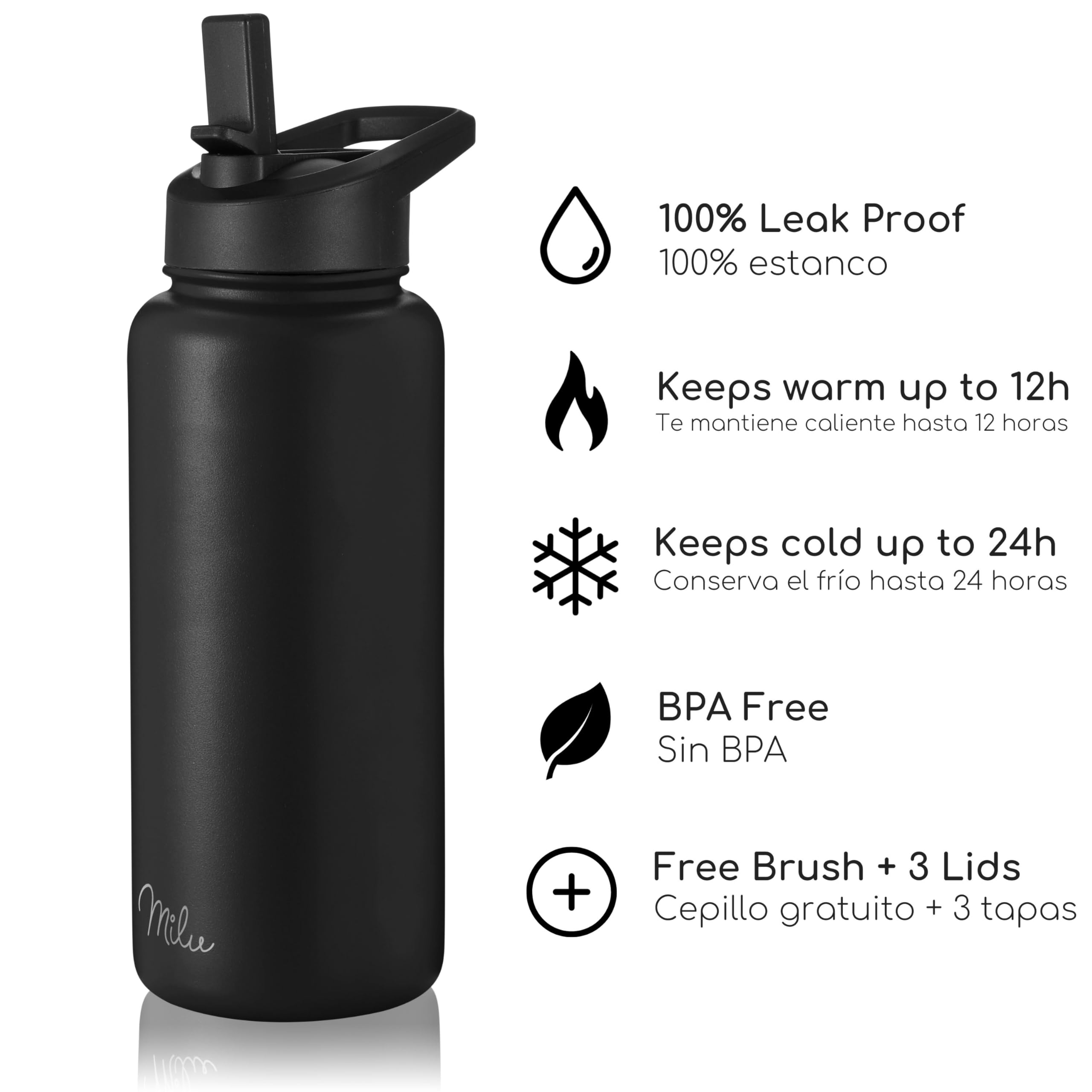 Botella Térmica De Acero Inoxidable Milu - 350 Ml, 500 Ml, 750 Ml, 1 Litro, Con 3 Tapas Diferentes, Mantiene Frío 24h Y Calor 12h