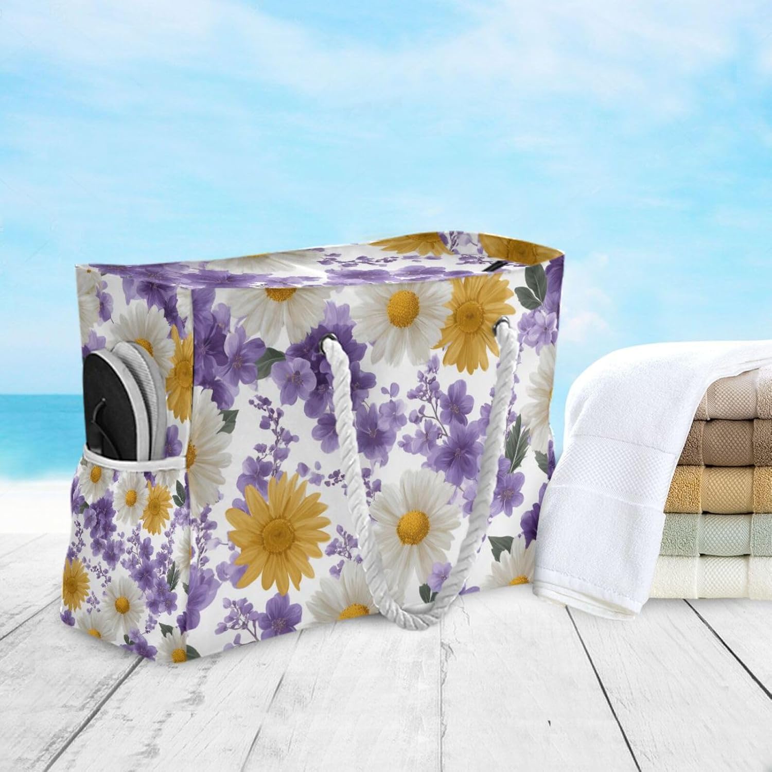 OTVEE White Daisies and Purple Flowers Beach Bags for Women Ladies Large Canvas Tote Shoulder Bag Waterproof Travel Bags for Gym Swim Pool Camping