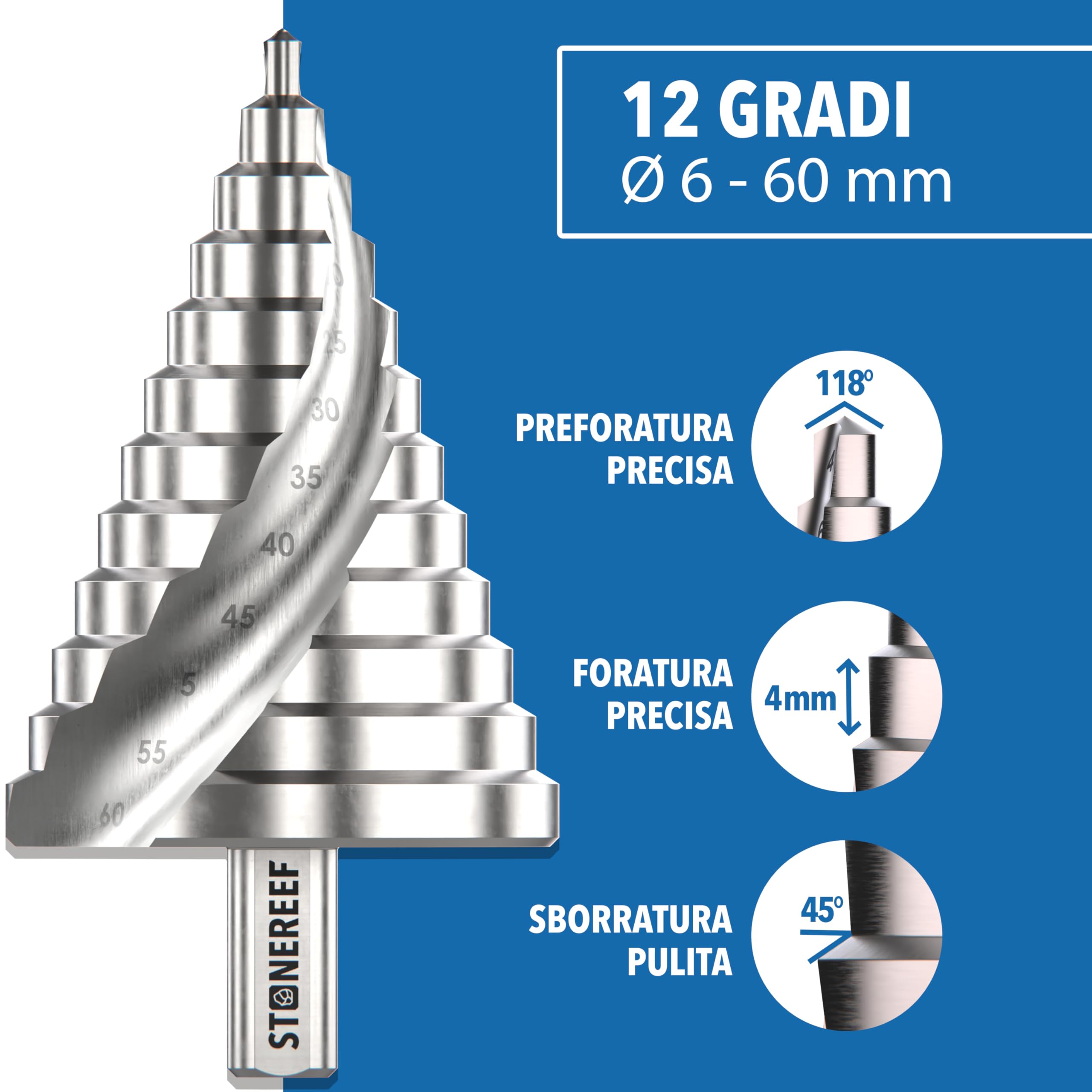 Trapano a gradini 6 – 60 mm in HSS 4241 – scanalatura elicoidale con gambo da 12 mm – Punta conica per sbucciare metallo plastica legno – Punta extra grande per fori precisi