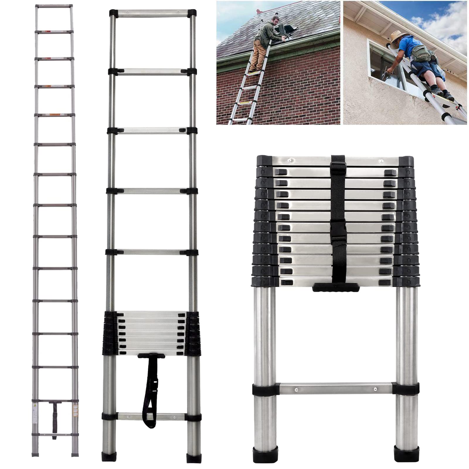 Buy 3.8M Telescopic Ladders Extendable 13 Step Tall Loft Ladder, Stainless Steel Extension
