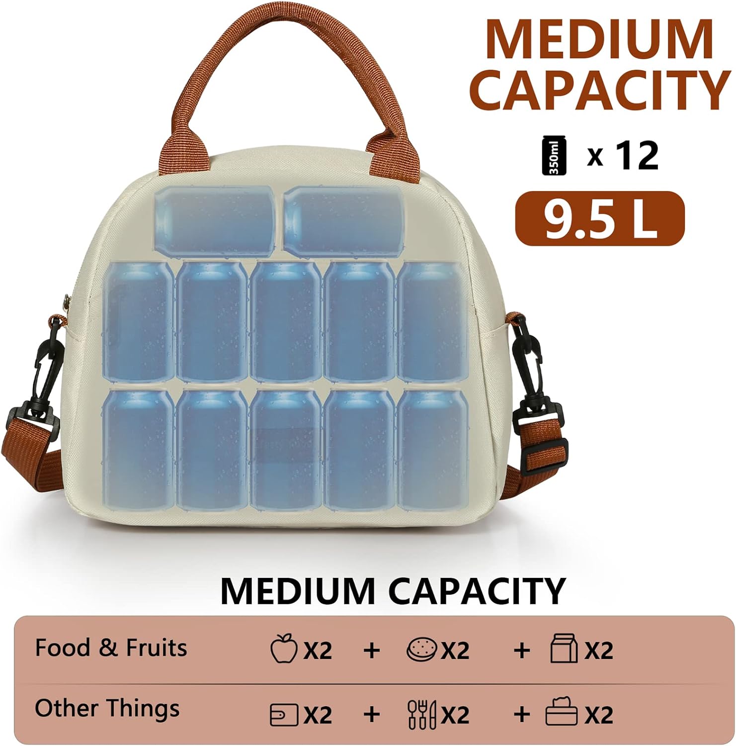 Insulated Lunch Bag For Women, Men Waterproof Cooler Bag Lunch Box For Women Portable Reusable Two-Tone,With Adjustable Straps Can Be Used For Work,White and Brown - Image 6