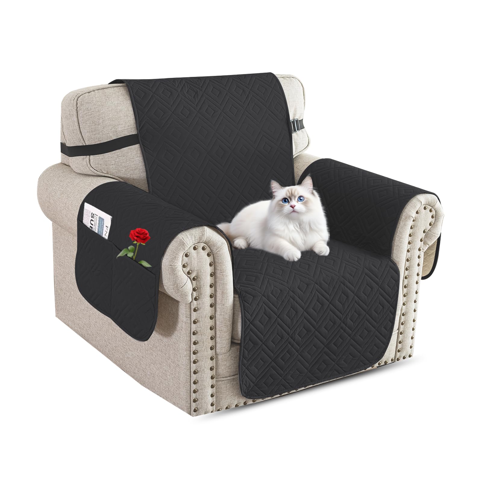 XINEAGE 100% Waterproof Chair Couch Cover for Pets Non Slip Sofa Cover Washable Chair Slipcovers for 1 Cushion Armchair Furniture Protector with Elastic Straps for Kids Dogs (23.5",Black)