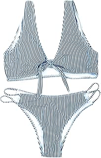 Blooming Jelly Women's Two Piece Striped Knot Front Swimsuit Cutout Padded Push up Bikini Set Swimwear