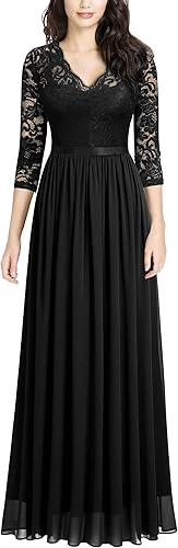 MISSMAY Vestido largo formal de dama de honor con cuello en V y encaje floral vintage para mujer