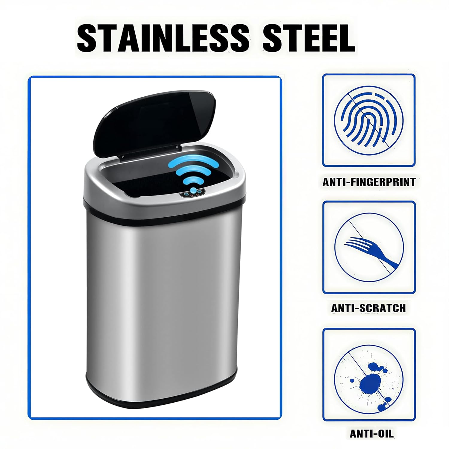 Bigacc 13 Gallon Automatic Motion Sensor Kitchen Trash Can with lid, 50L Large Capacity - Stainless Steel, Silent Close, Ideal for Home&Bathroom&Bedroom, Stainless Steel
