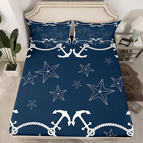 Miniatura 3 de Anchor Sheets California King - Sábanas náuticas color azul marino, microfibra suave, bolsillo profundo, sábanas y fundas de almohada estampadas sin