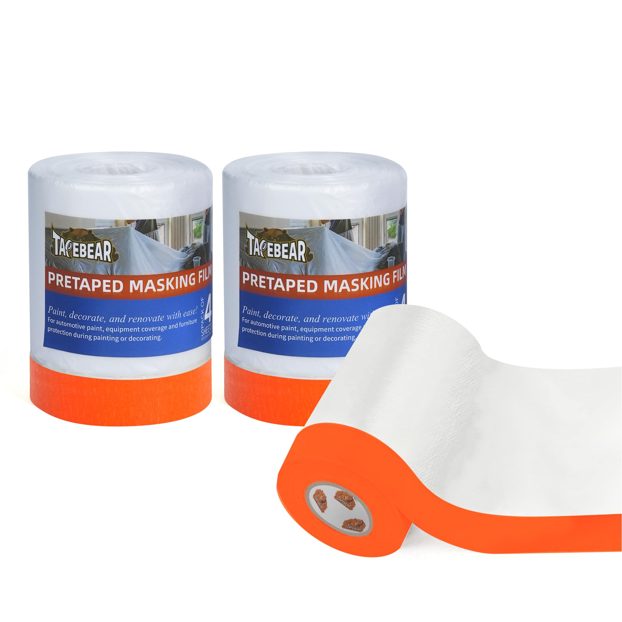 TAPEBEAR Pre-Taped Masking Film, 22" x 30Yards x 3Roll Plastic Sheeting Cover for Painting, Tape and Drape, Painters Masking Tape Film Plastic Drop