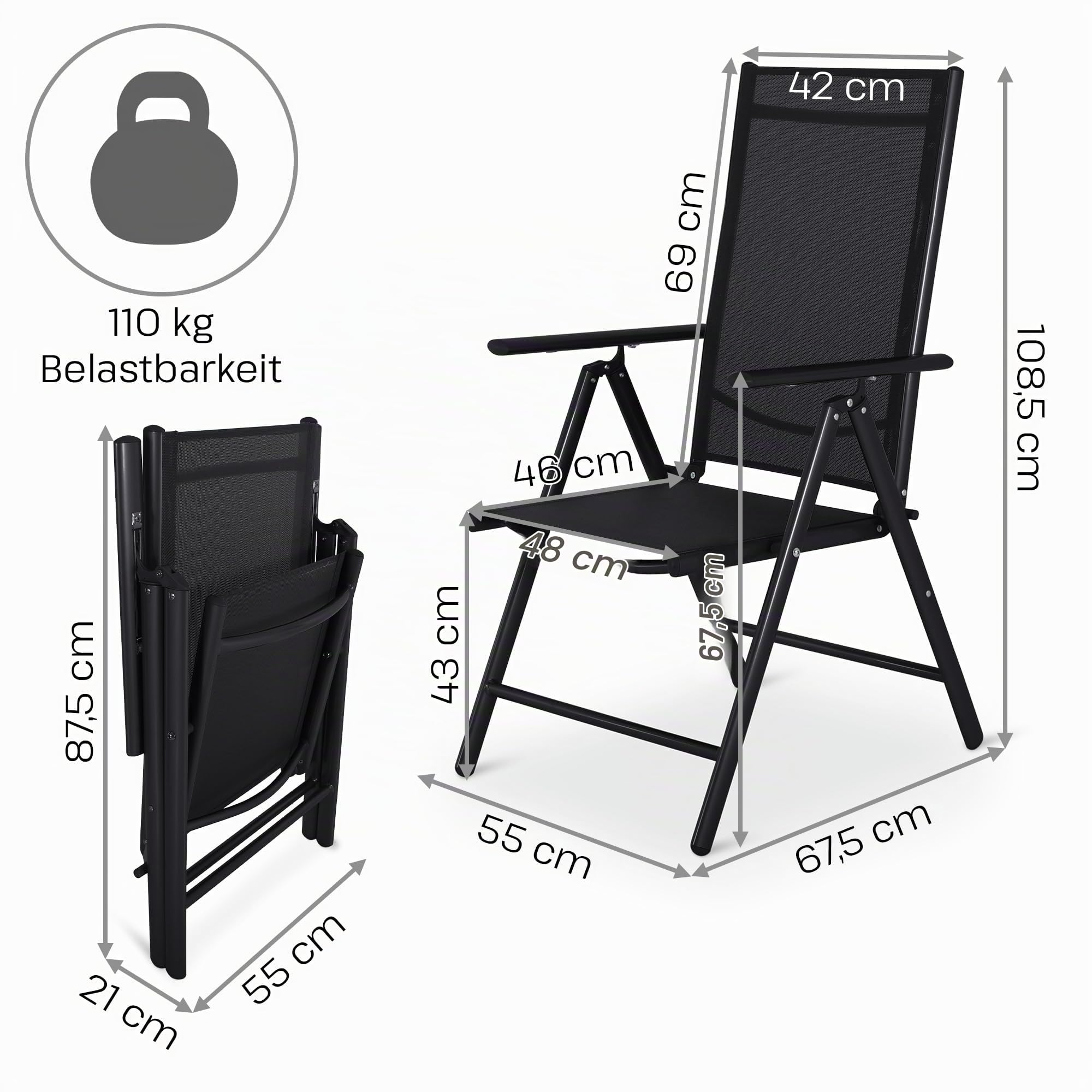 Raburg Noah Gartenstuhl, 2er-Set, 7-Fach verstellbar, Schwarz, faltbar | klappbar, wetterfest, für Garten, Balkon und Terrasse
