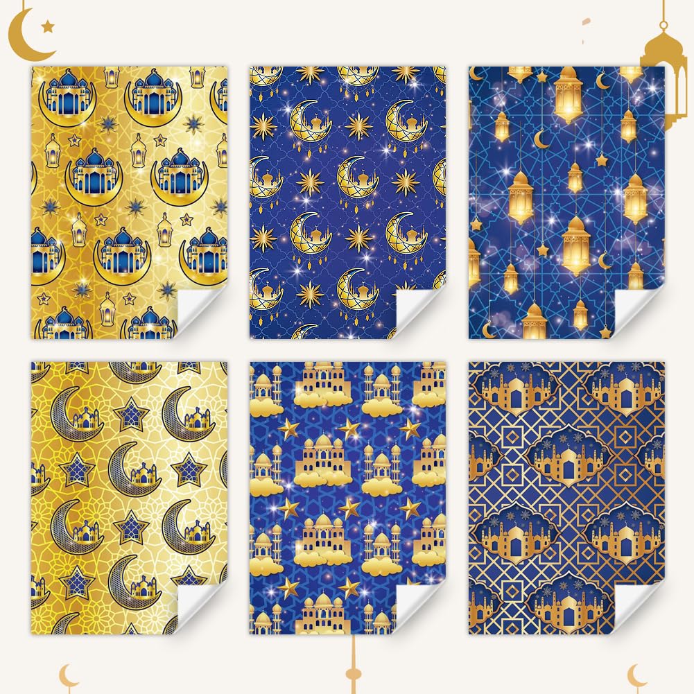 FullJoyHut 8 Fogli Carta di Regalo Eid Mubarak Ramadan Set Con Motivi di Stelle e Lune, Include Etichette Regalo Adesivi Perfezione per Decorazioni Confezioni Regalo Islamiche Musulmane Eid Mubarak