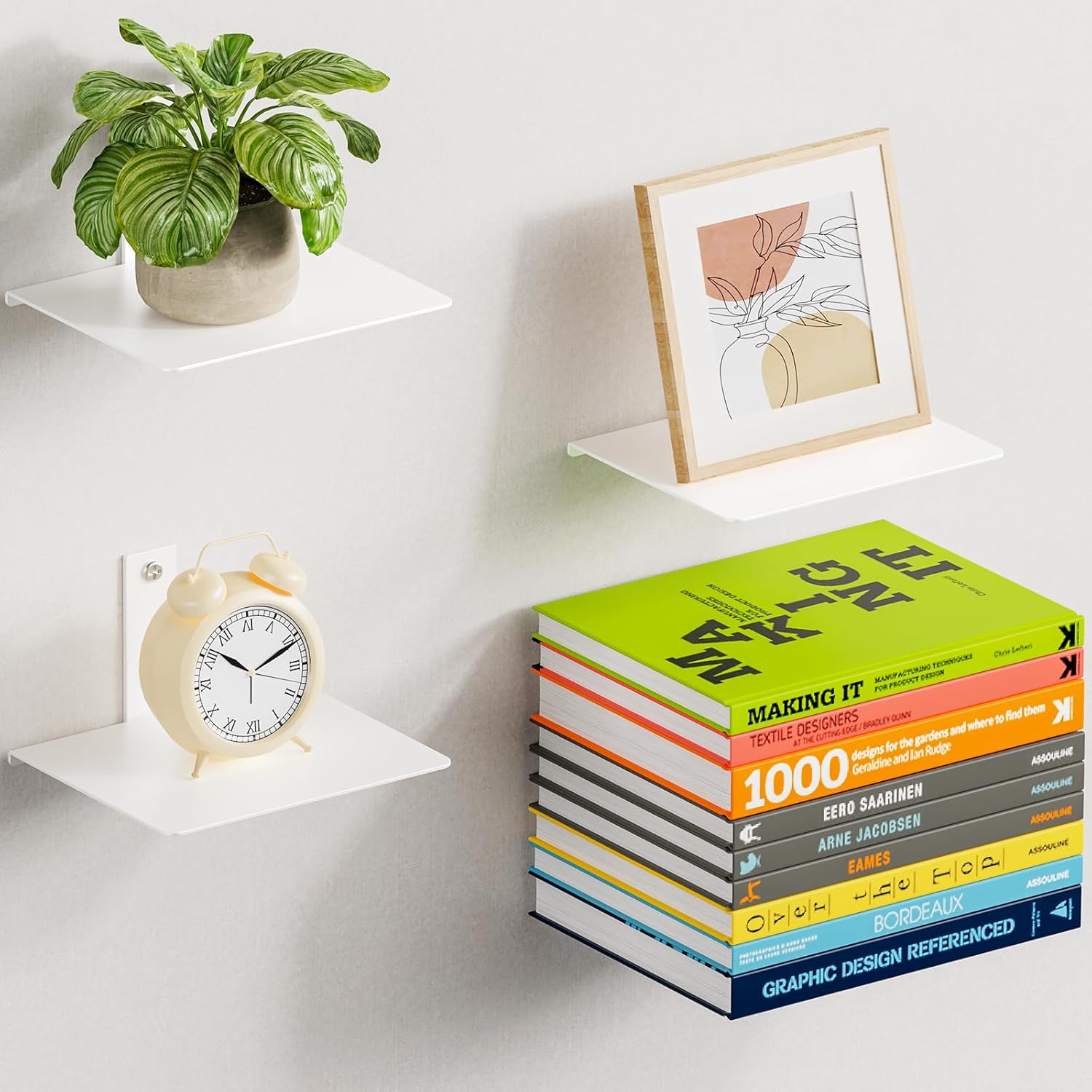 Invisible Bookshelf, Floating Book Shelves for Wall, Heavy Duty Wall Mounted Bookshelf for Storage, Hidden Book Organizer, Vertical Spine Shelf for Home and Office, 4 Pack, White