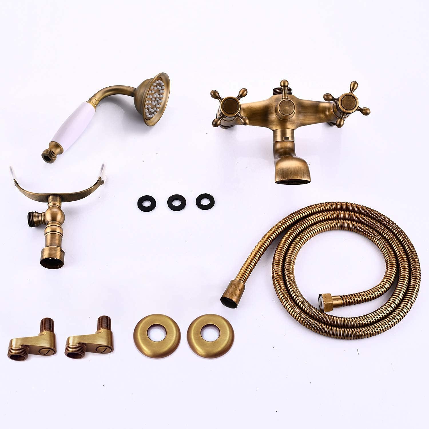 Antique brass Clawfoot Bathtub Faucet Wall Mount Hand Held Shower Faucet Set Double cross Handle with Matching Antique Brass Widespread Bathroom Faucet 3 Holes Deck Mounted Victorian Style