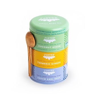 JusTea ASSORTED TEA TRIO 3 Flavour Variety Pack, 45+ Cups Tin with Spoon