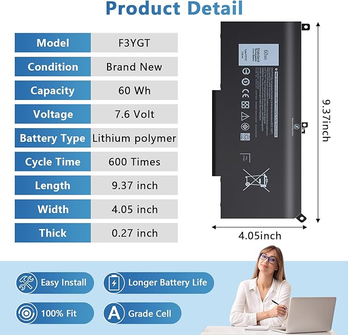 Batería para Laptop 60Wh Ymawetia F3YGT 7.6V miniatura 3