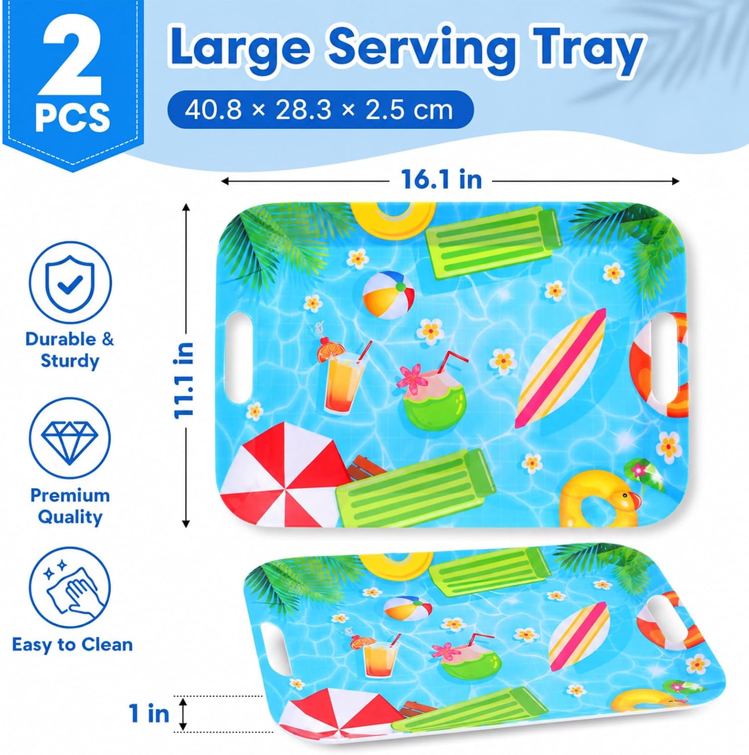 2 Pcs Summer Pool Party Serving Trays with Handles Summer Beach Party Decorations 16 X 11inch Large Melamine Serving Platters for Birthday Baby Shower Hawaiian Tropical Pool Theme Parties Supplies