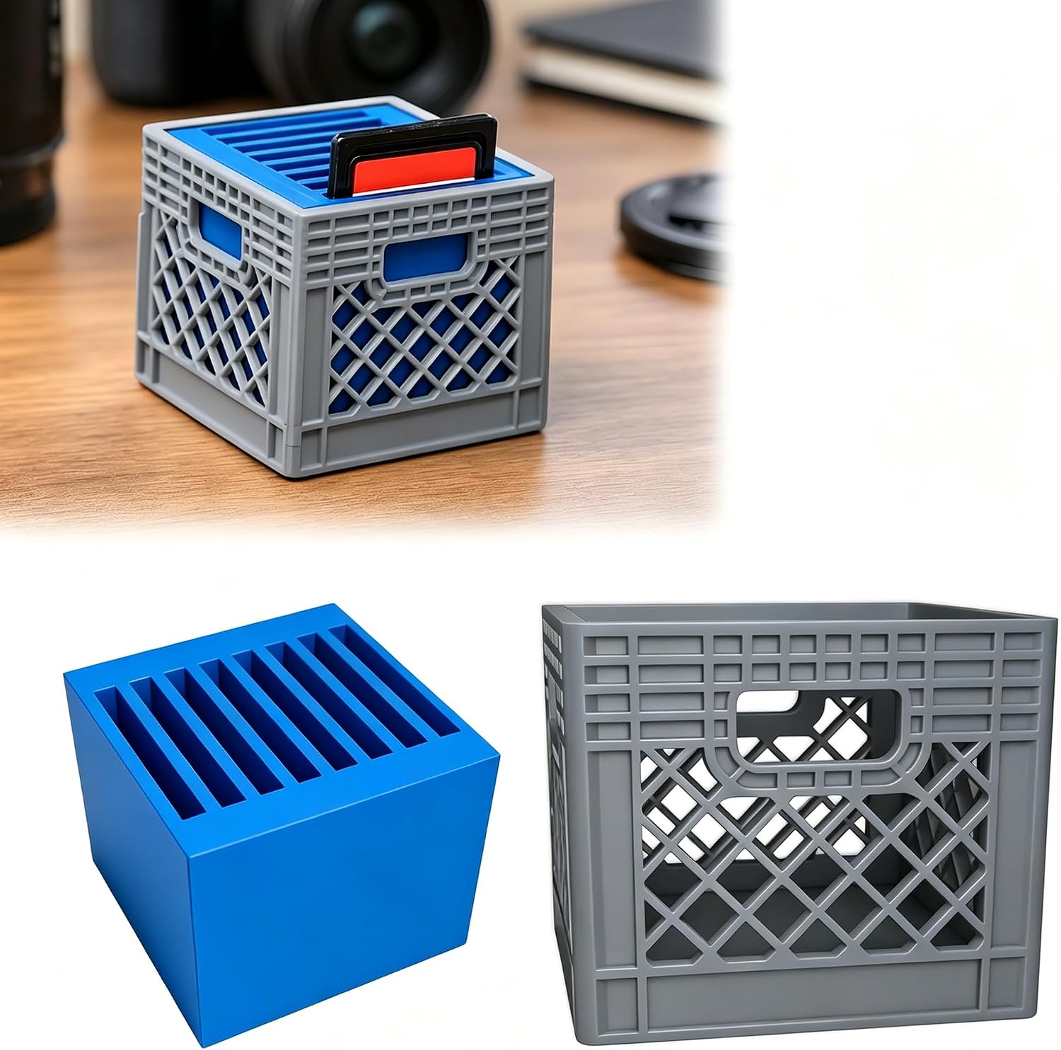 Mini Milk Crate SD Card Holder | Desktop Storage Organizer for Camera Accessories | Gift for Photographer (Blue × Gray)