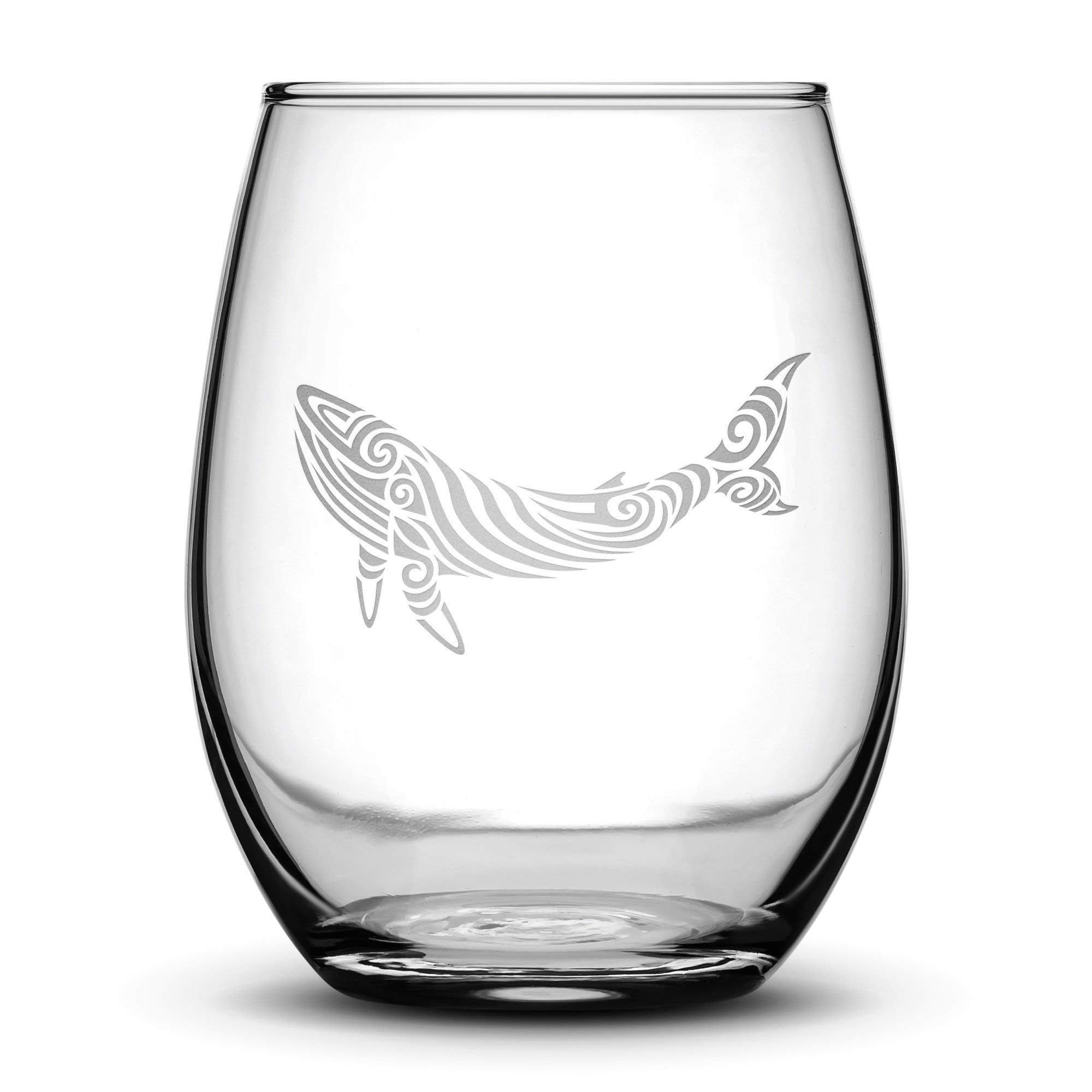 Integrity BottlesTribal Whale Design Stemless Wine Glass, Handmade, Handblown, Hand Etched Gifts, Sand Carved, 16oz