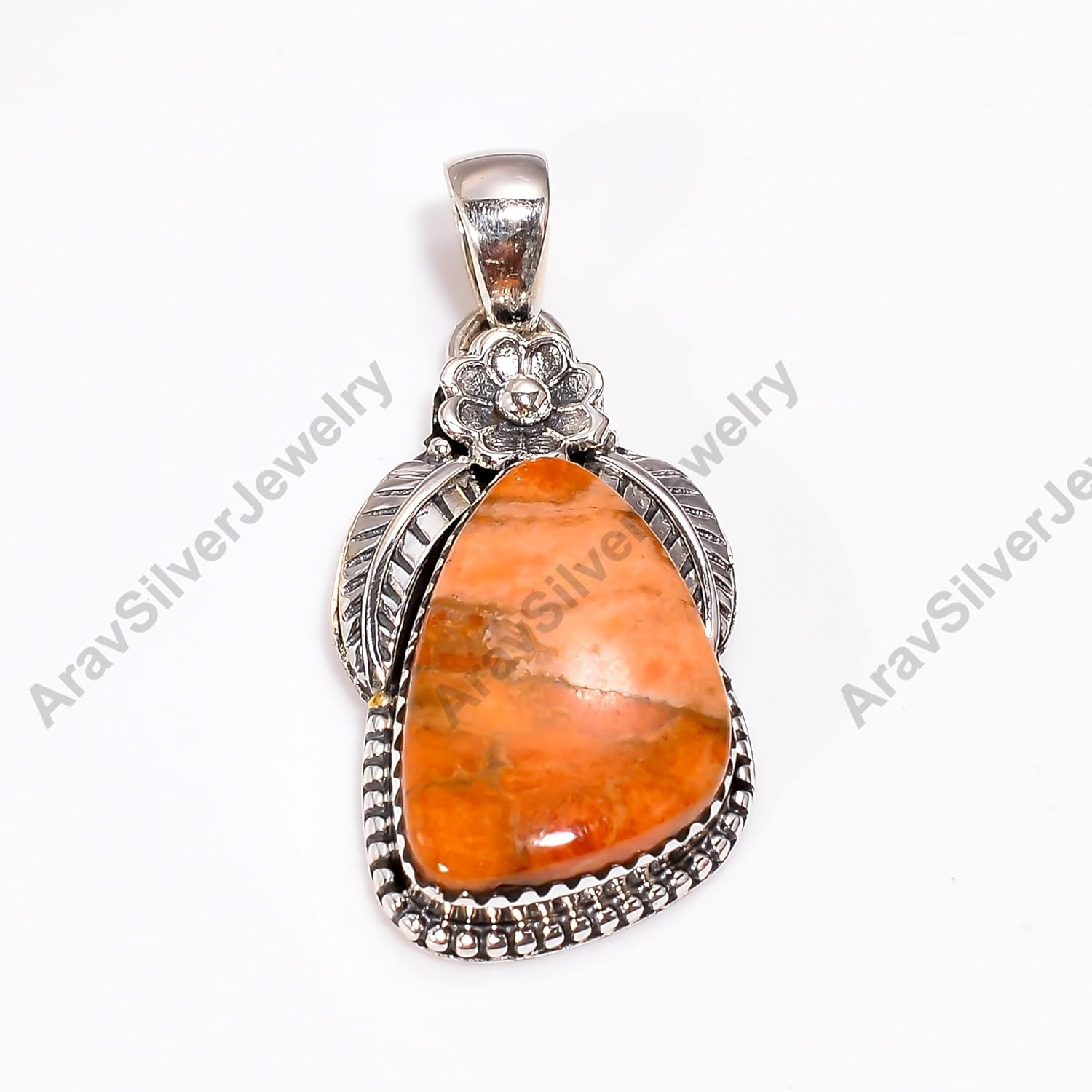 Sponge Coral Gemstone 925 Sterling Silver Orange Stone Handmade Statement Design Pendant Necklace for Women Gift for Her