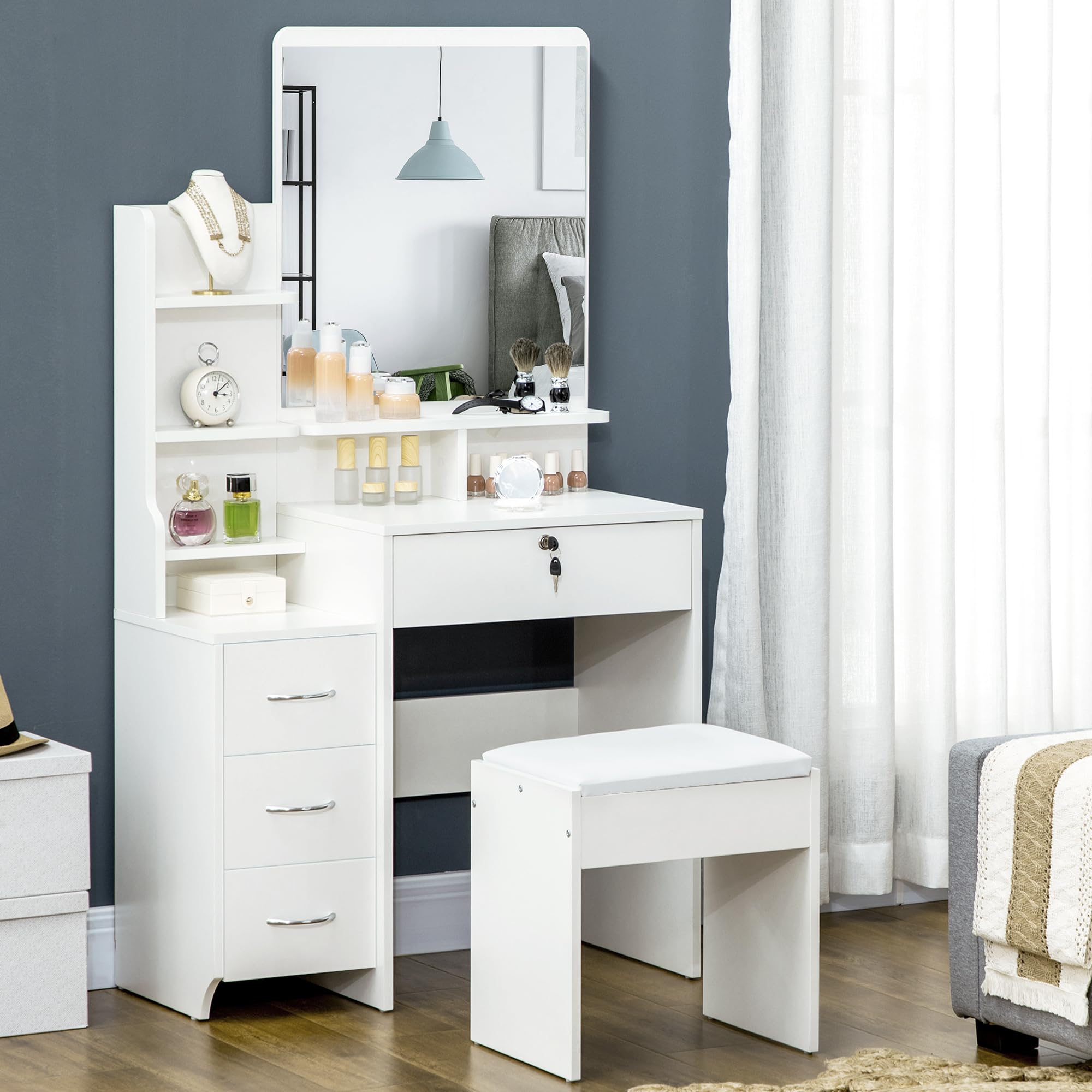 HOMCOM Tocador de Maquillaje con Taburete y Espejo Mesa de Maquillaje con 4 Cajones 4 Compartimientos de Almacenamiento Estilo Moderno 80x38x143 cm Blanco