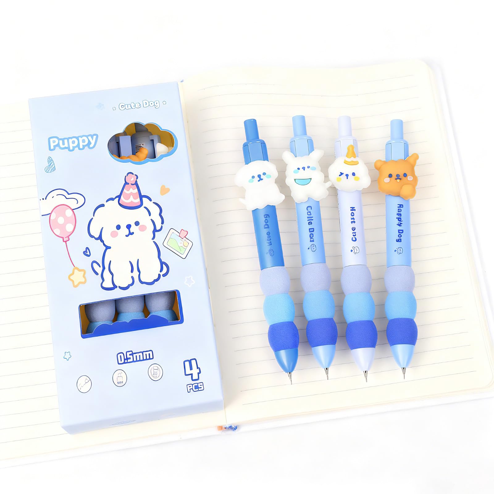 Lot de 4 porte-mines en forme de chien mignon avec gomme de 0,5 mm - Crayons mécaniques kawaii de dessin animé - Cadeau pour femme et homme