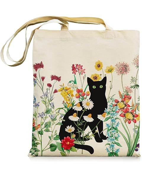 bmuvghi Black Cat Canvas Tote Bag with Zipper Pockets Vintage Flowers Cute Tote Bag Aesthetic Reusable Shopping Grocery Bags Birthday Gifts for Women