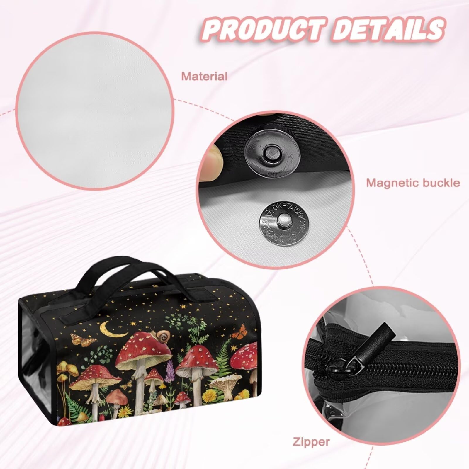 Dngkaoje Mushroom Hanging Toiletry Travel Bag for Women Roll Up Makeup Bag Mushroom Butterfly Print Foldable Toiletry Bag 4-in-1 Foldable Makeup Bag Makeup Brush Holder Organizer Storage Bags - Image 3