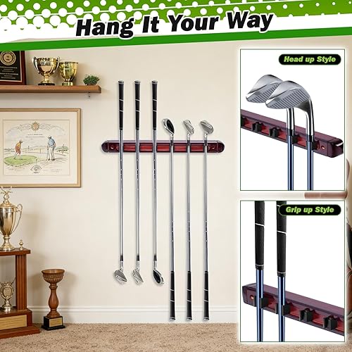 Miniatura 2 de Estante de exhibición de palos de golf montado en la pared, paquete de 2 putter de golf de madera y soporte de cuña con 6 clips seguros, estante de