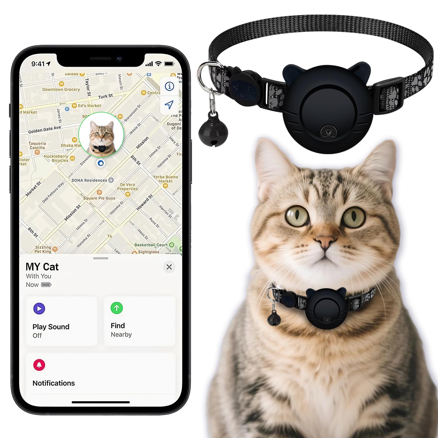 Waterproof Cat Tracker Collar with Airtag Finder | Apple Find My Compatible (iOS Only) | Breakaway Design with Reflective Pattern & Bell | Fits Neck Sizes 8-12" | Black
