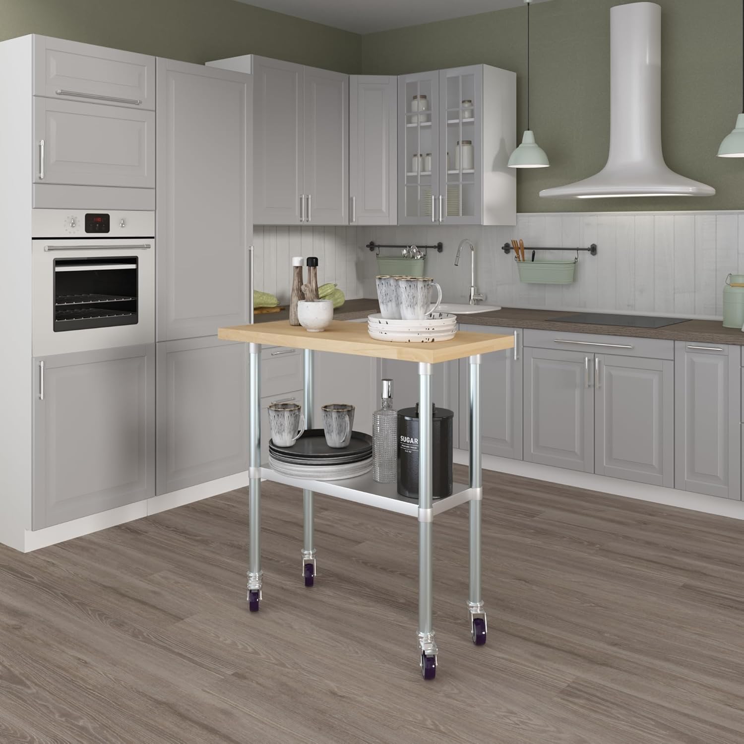 Maple Wood Top Work Table with Adjustable Undershelf with Wheels (36" Long x 18" Deep)