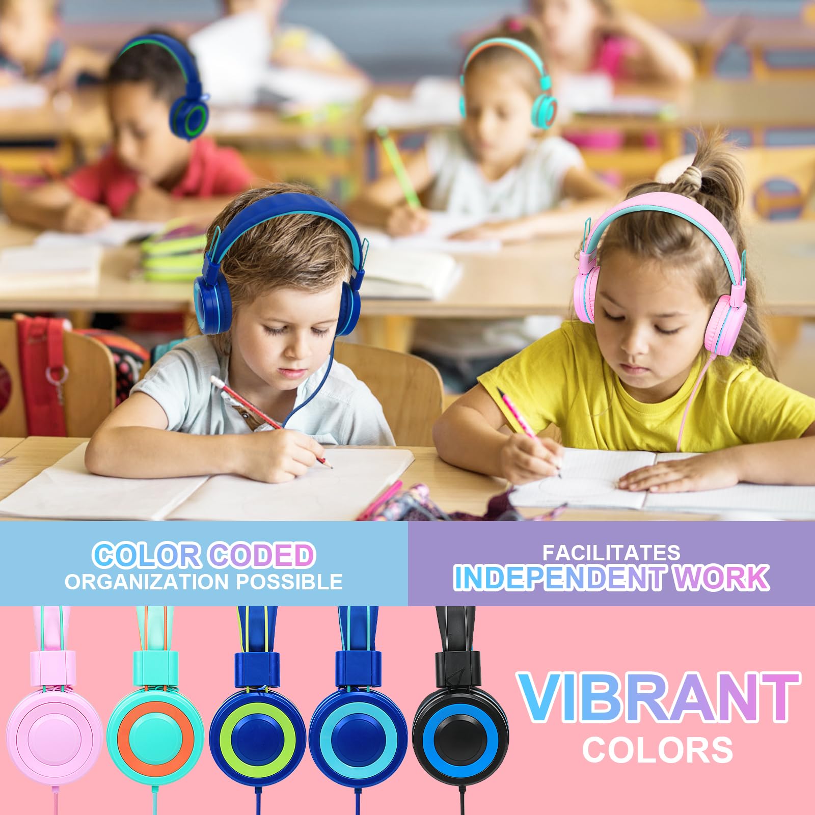 CN-Outlet 10 Pack Classroom Headphones Bulk for K-12 School Kids, Class Set Headphones for Students Teens Library Computer Testing Centers (Mixed Color with Microphone) 2