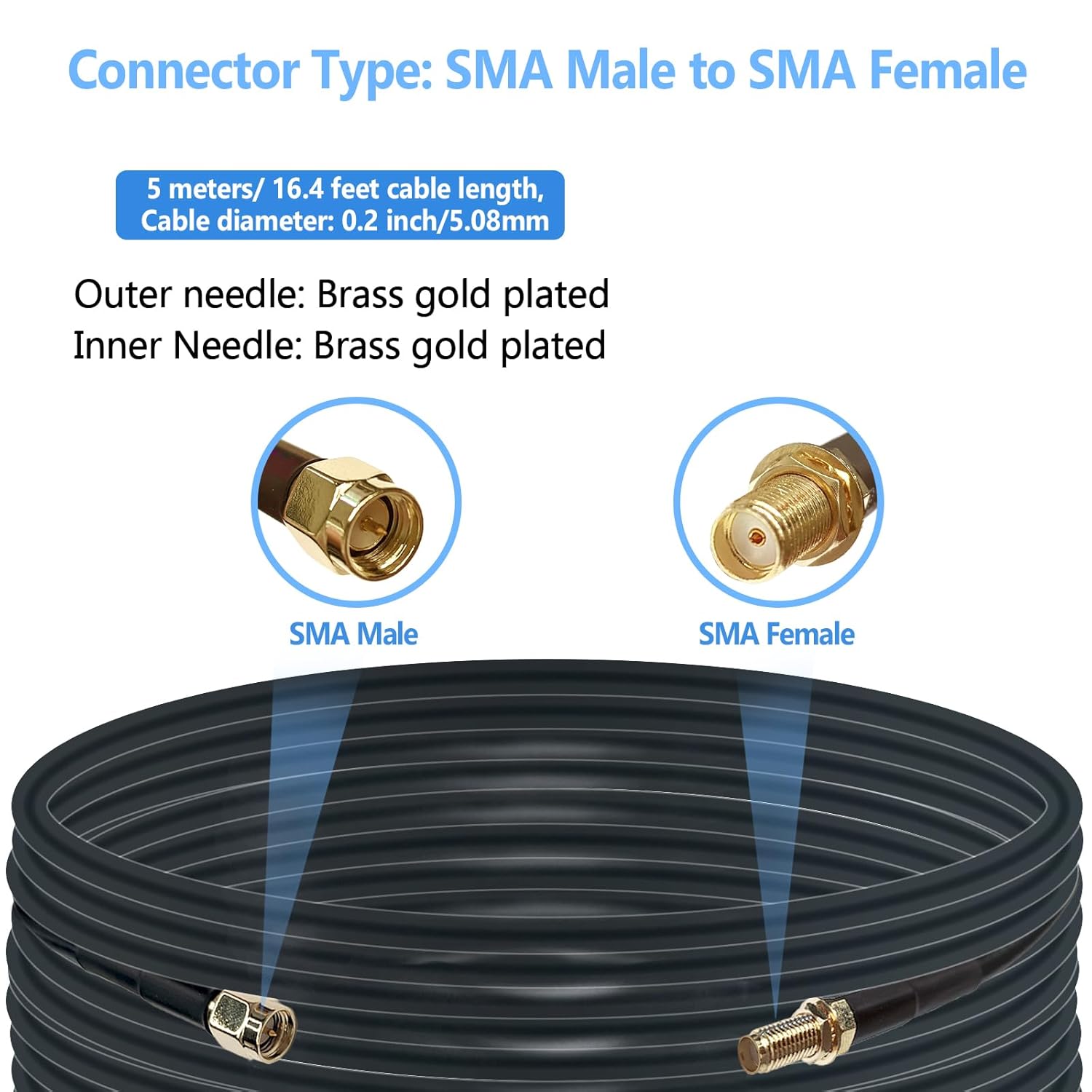 Maswell LMR200 Equivalent 5m 16.4 feet SMA Male to SMA Female Coax Extension Cable, 50 Ohm Low Loss SMA Coax Coaxial Cable with SMA Connectors for 5G 4G 3G LTE WiFi RF ADS-B Radio Cellular Exte