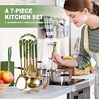 Vista 5 de Juego de utensilios de cocina de 9 piezas, accesorios de cocina para cocinar, acero inoxidable dorado con asas verdes, herramientas de cocina