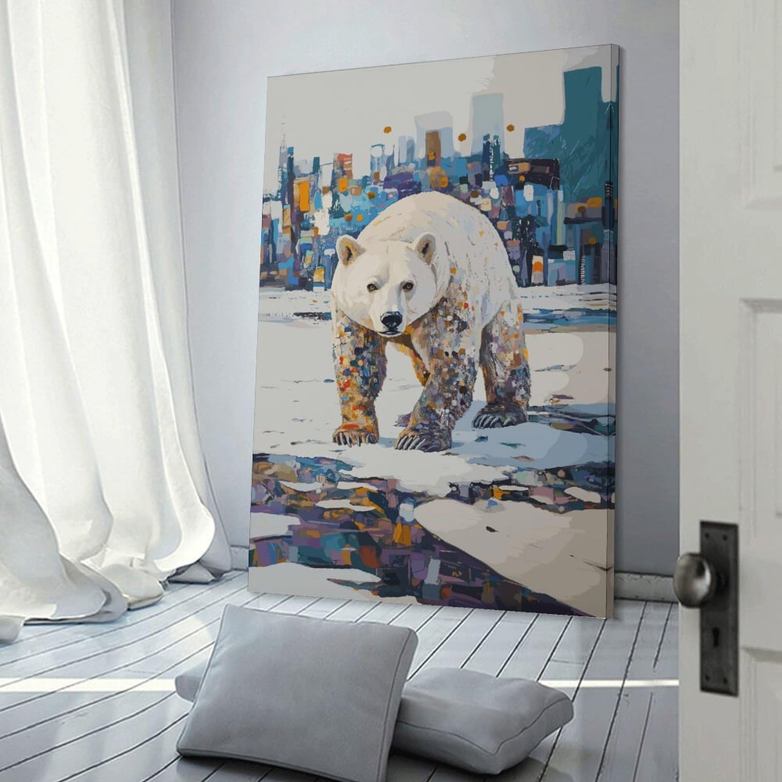 Junmoney Frame-Style-17 Decorative Wall Artwork My Habitat Polar Bear In Cityscape, 16X24inch(40X60cm), For New Homes, Bedrooms Or Workspaces, Canvas Artwork With Gifting Potential