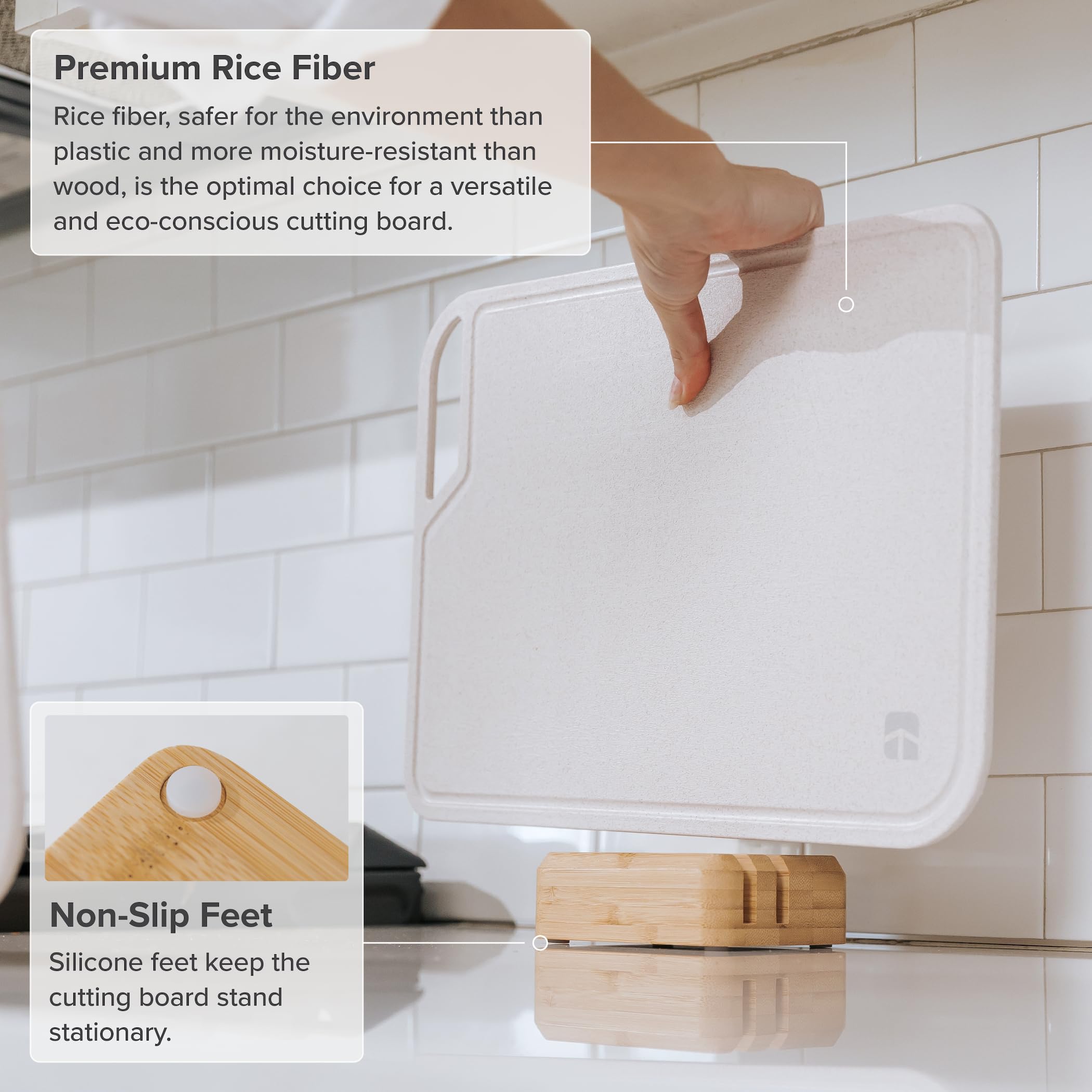 KitchenEdge Juego de Tabla de Cortar de Fibra de Arroz con Soporte de Bambú para Preparar la Cocina, Juego de Cocina de 2 Piezas, con Ranuras para Jugo y Mangos, (13.5x9.5, 15.5x11 in)