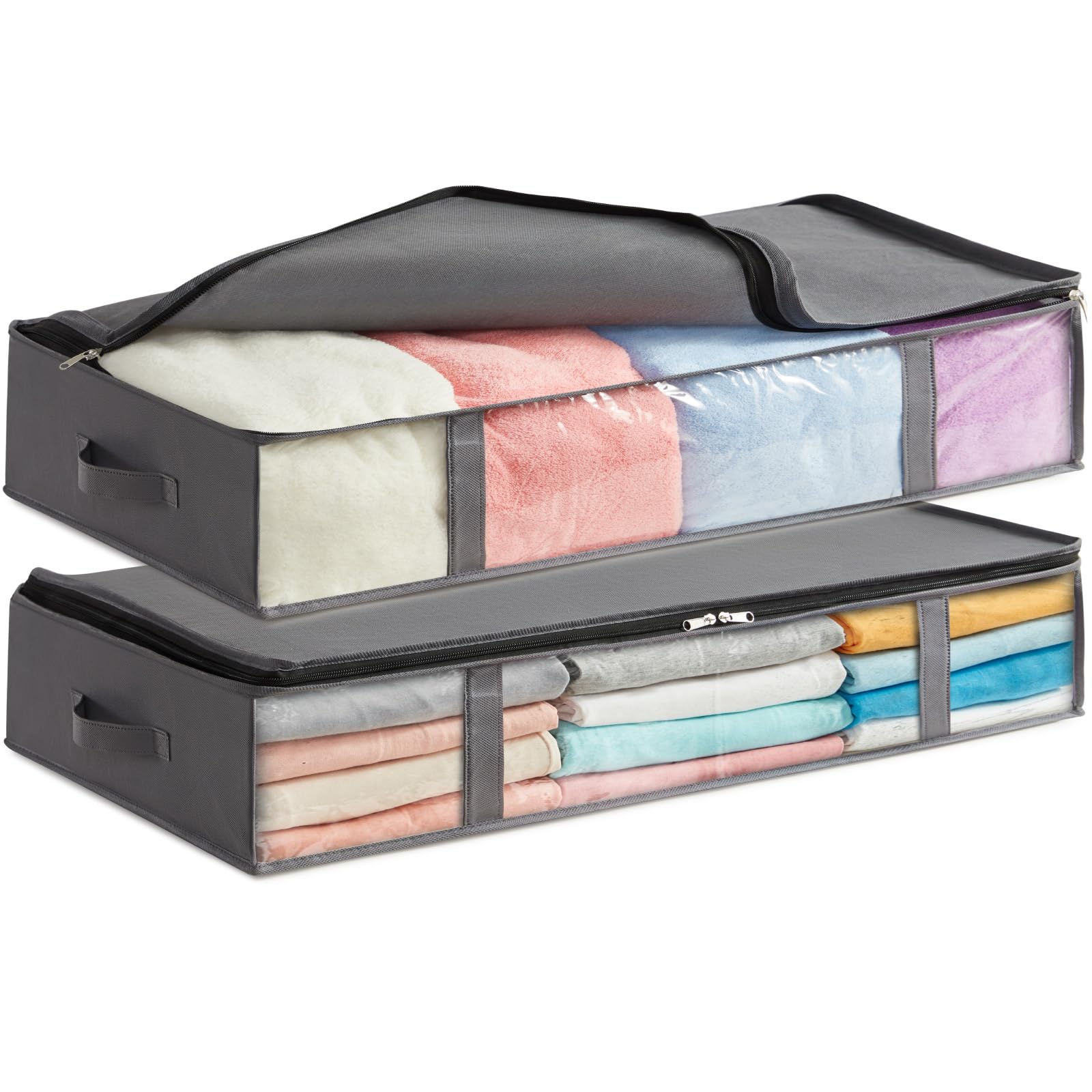 Lifewit 2 Stück 75L Unterbett Aufbewahrungsbox, Faltbare Unterbettkommode Aufbewahrungstasche Storage Boxes mit Deckel, Unterbett Aufbewahrung für Kleider Unterbett Kleiderschrank, Grau