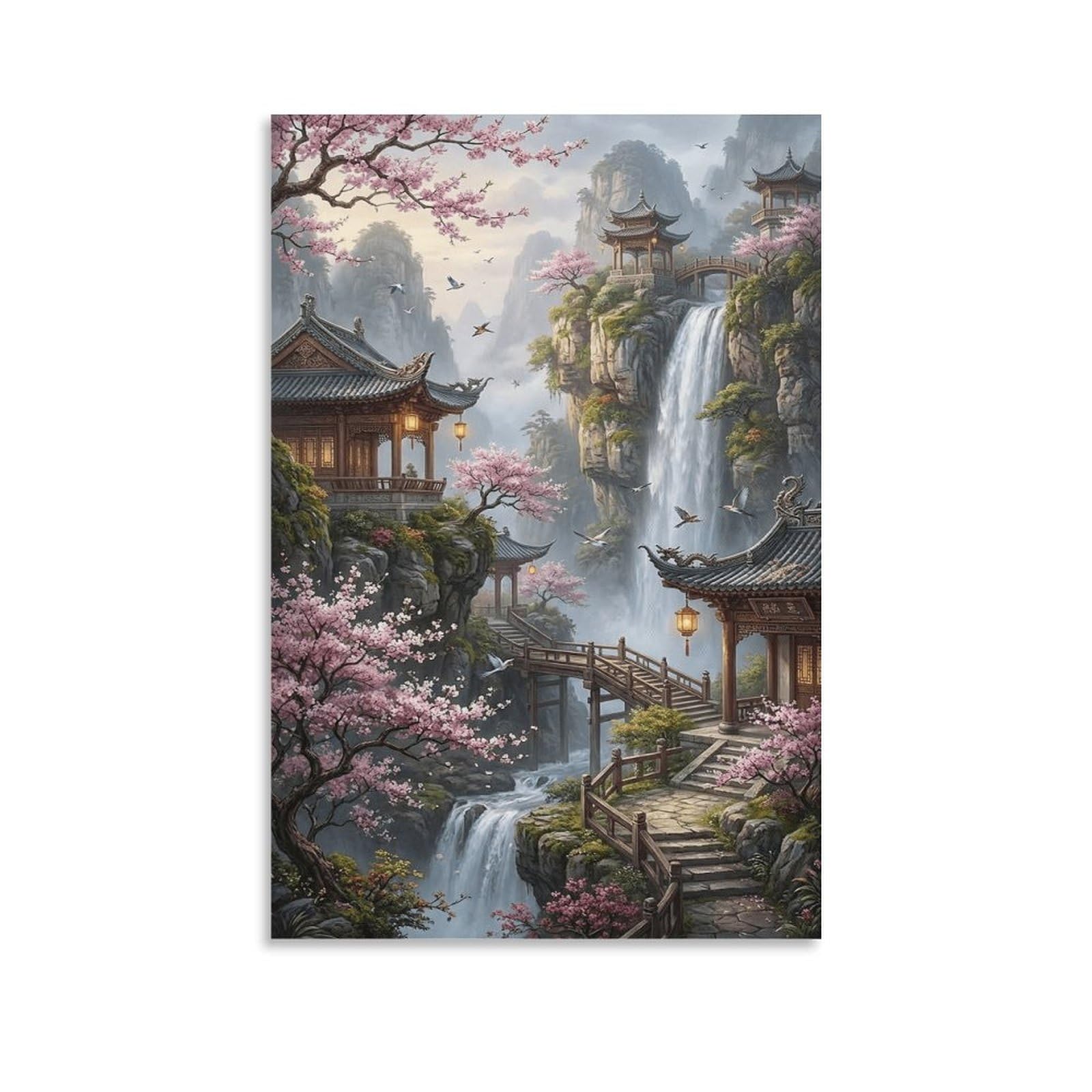 XPASHIQWC Chinese Ancient Pavilions Wall Decor Poster Cherry Blossoms Waterfall Canvas Prints Picture Modern Wall Art Picture Wall Hanging for Living Room Home Decorations 08x12inch(20x30cm)