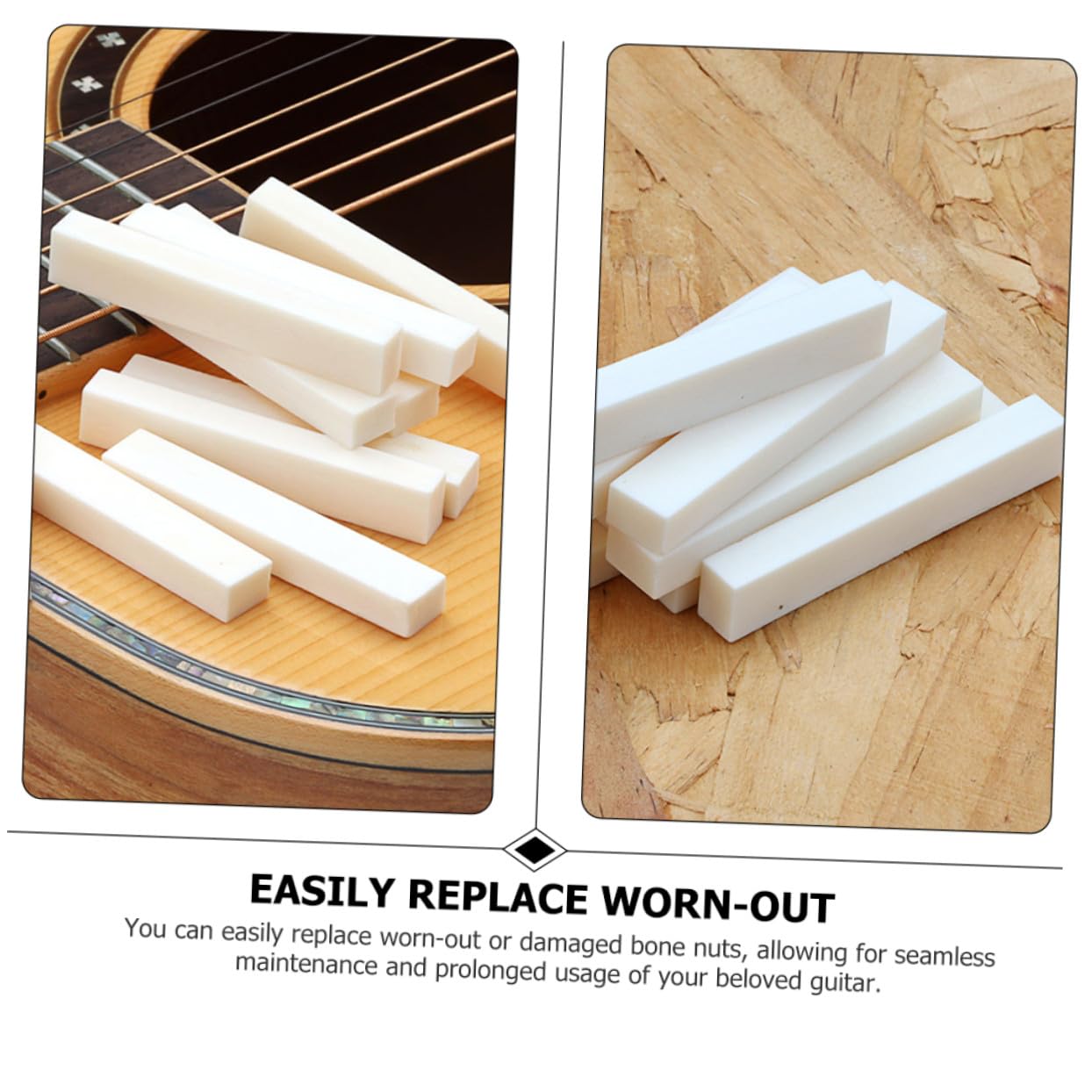 Gitarrensattel aus Knochen 10 Stück Weiß 60x10x7mm Gitarrensteg aus Knochen für Akustikgitarre und E-bass Sorgt für Stabile Saitenauflage und Verbesserten Klang