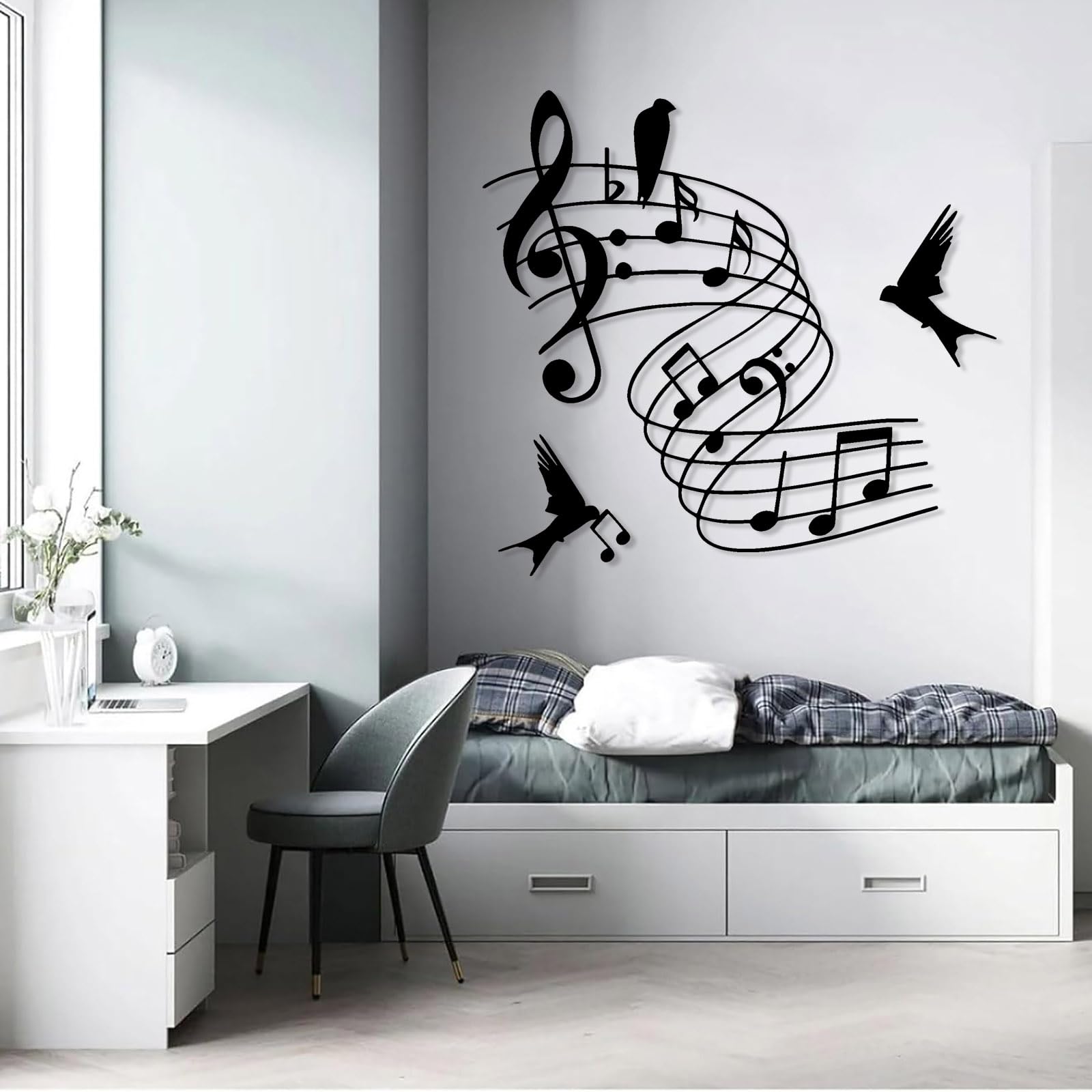 Decoración de pared abstracta contemporánea de metal con motivos musicales y de pájaros, arte musical, decoración musical, arte con partituras de pájaros, letrero temático, obra de arte de estudi