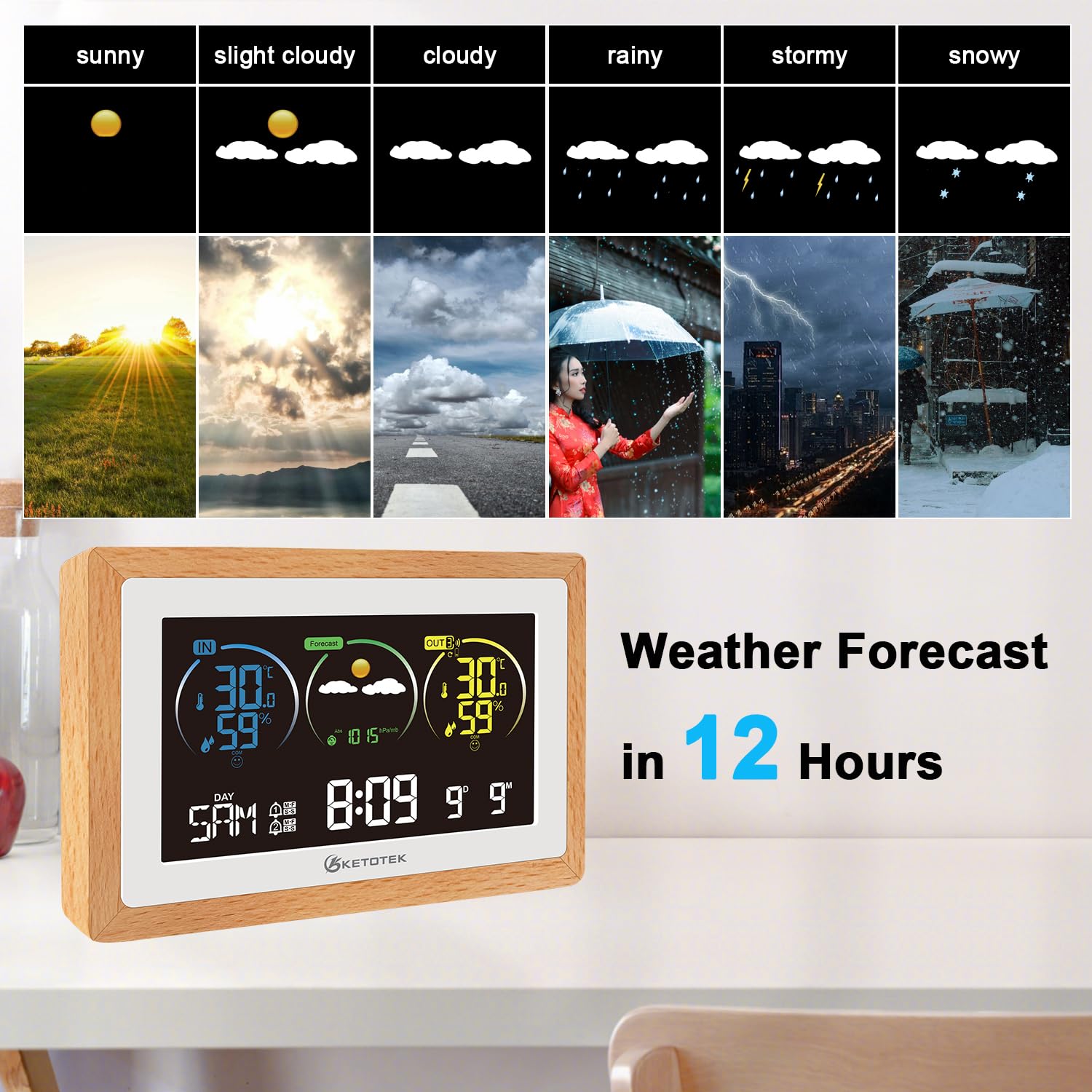Todeco Draadloos weerstation met 3 buitensensoren, digitale lcd-thermometer, RCC, luchtvochtigheid, barometer, wekker, weersvoorspelling en snooze, weergave van tijd en datum