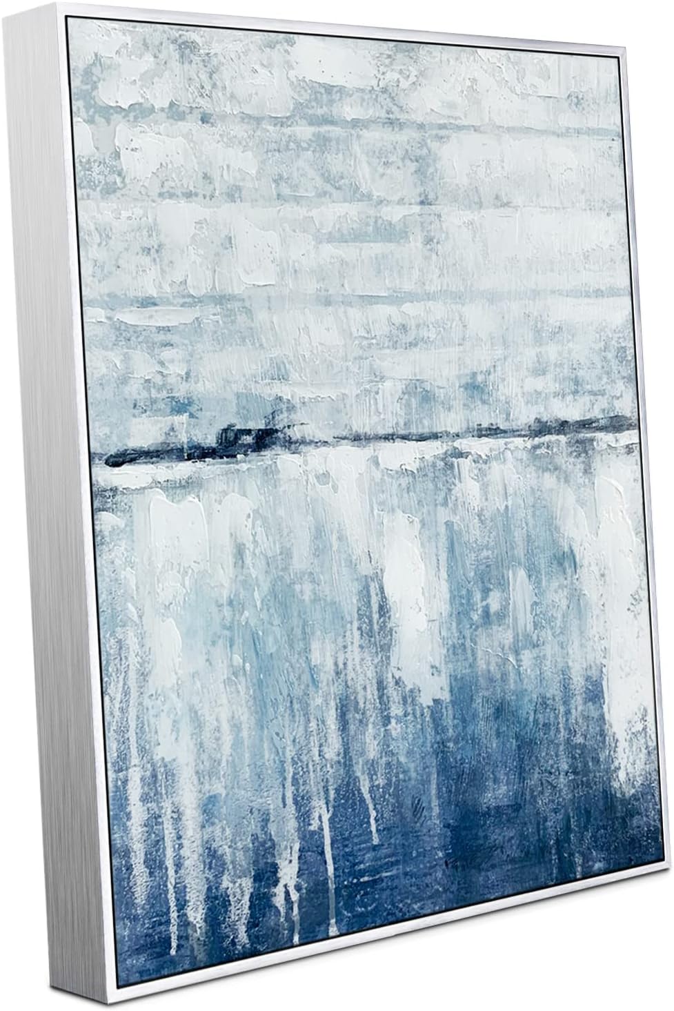 Blue Abstract Wall Art 24x32 Inch Modern Canvas Painting for Living Room Decor Blue and white Modern Artwork with Hand-embellishment, Framed, Ready to Hang for Living Room Bedroom Office Kitchen