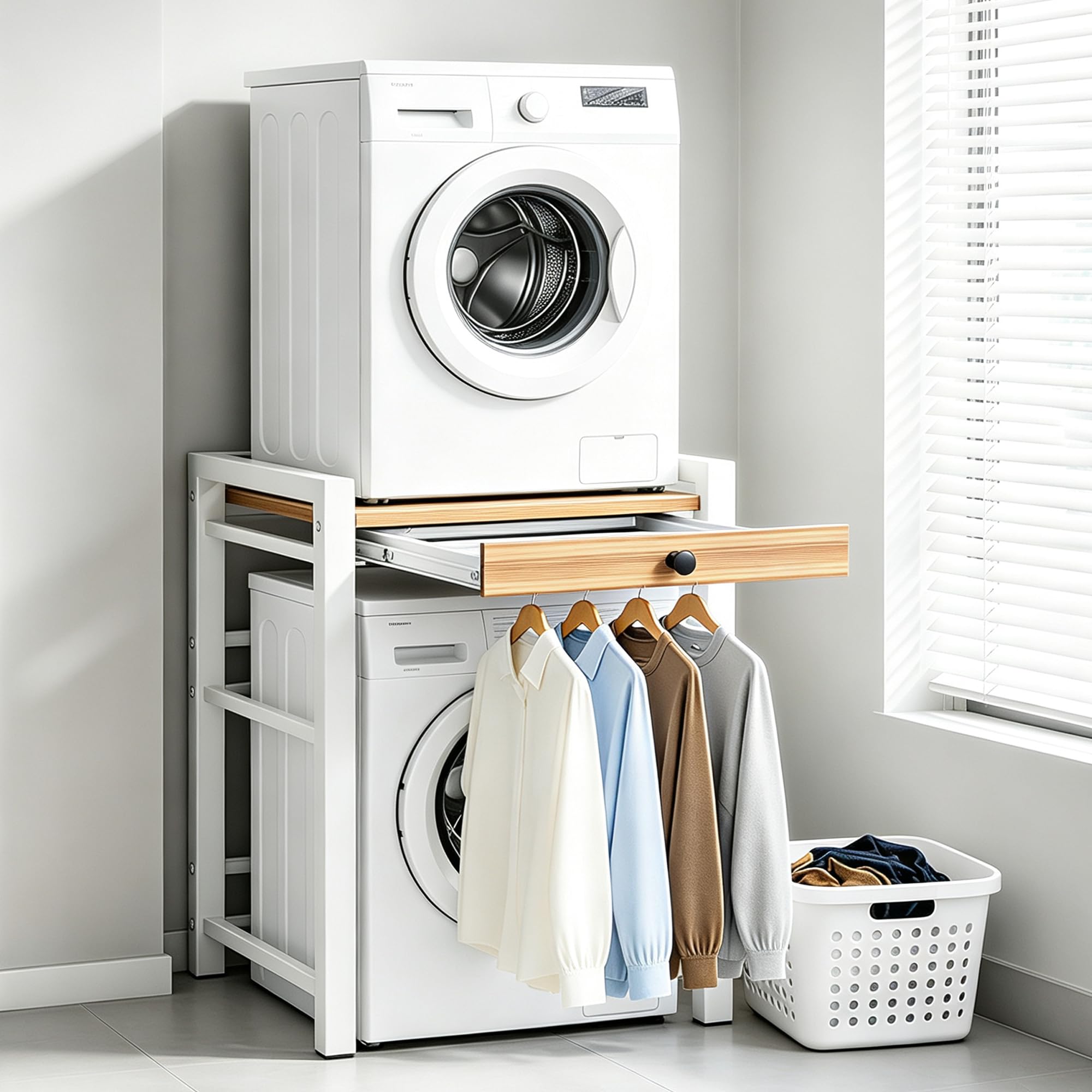 Meuble Machine à Laver avec Tiroir, Support Machine à Laver Sèche Linge, Superposition Lave Linge Sèche Linge, Étagère Machine à Laver pour Buanderie, Salon, Salle de Bain, Cuisine, Balcon