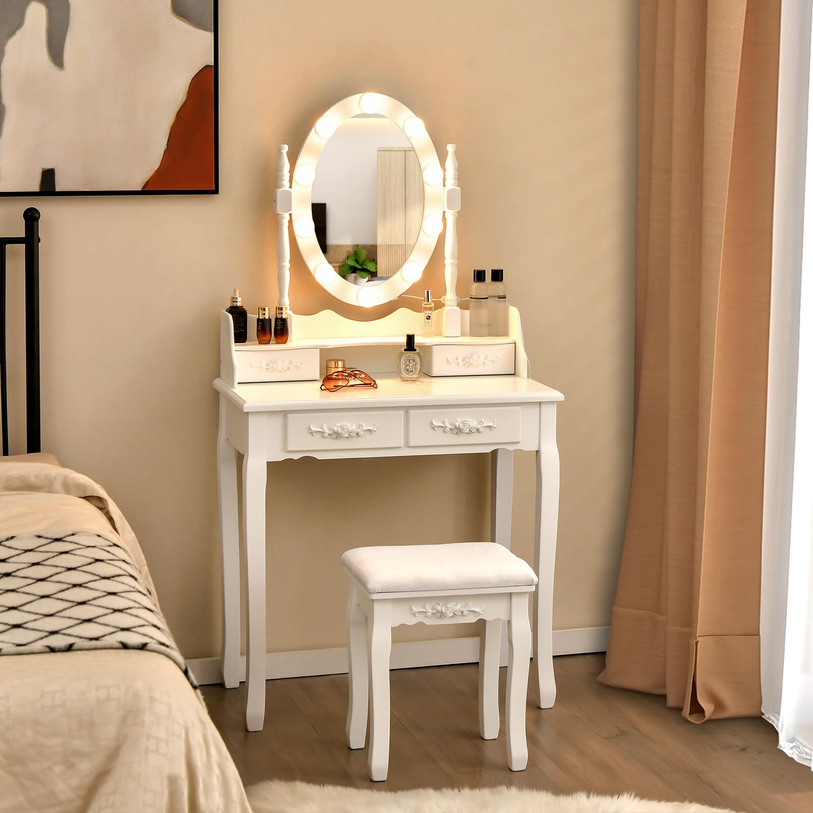 COSTWAY Toeletta da Trucco con 10 Luci LED, Set Tavolo da Trucco con 4 Cassetti e Sgabello, Specchio Girevole 360°, Consolle Toeletta per Soggiorno Camera da Letto, 75 x 40 x 145 cm (Bianco)