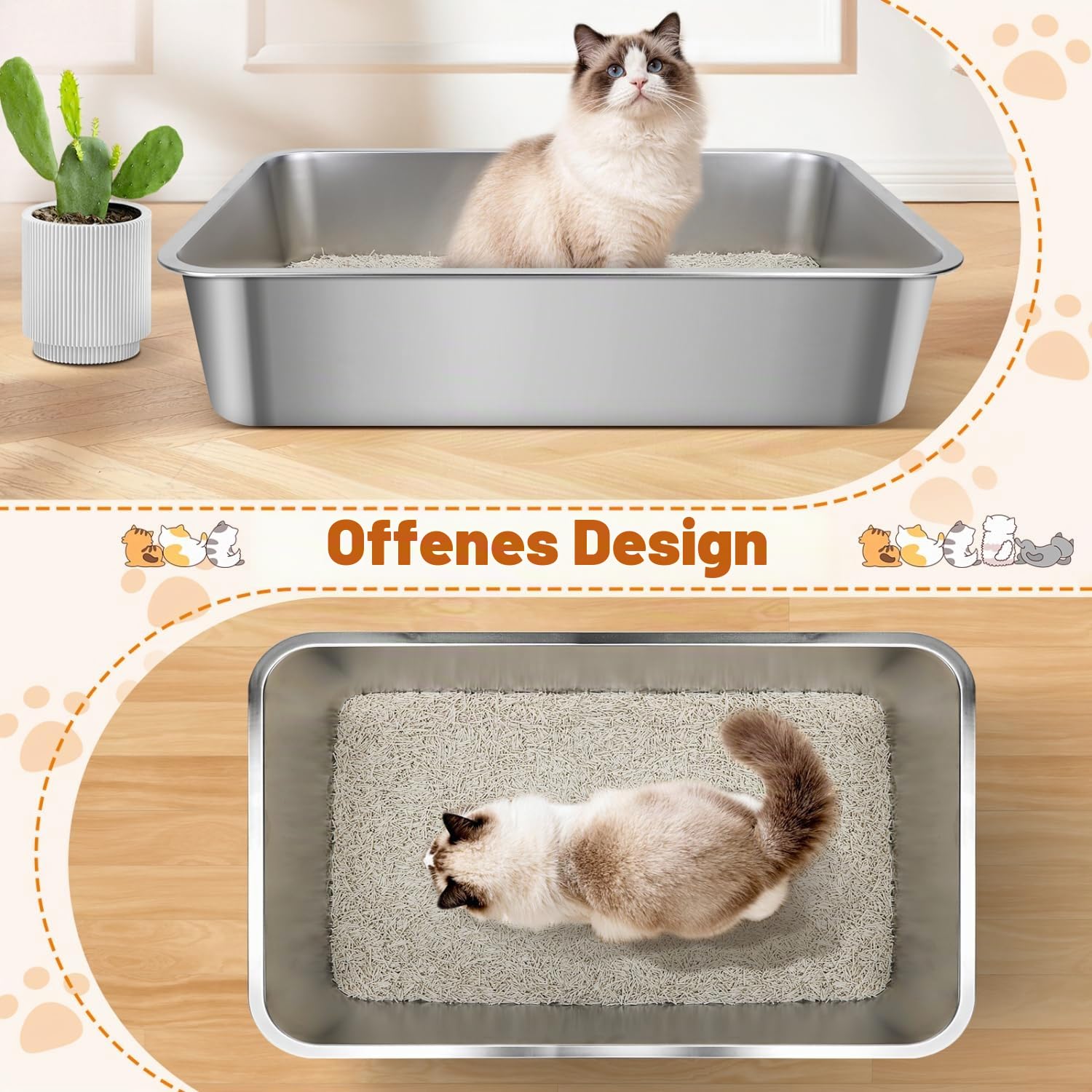 Nobleza Edelstahl Katzenklo XXL 70x50x15cm - Extra Großes Katzentoilette mit Anti-Rutsch Gummiboden, Hop-in Katzen Klo Ohne Deckel, Niemals Gerüche, Fleckfrei, Rostfrei, Antihaft Glatte Oberfläche